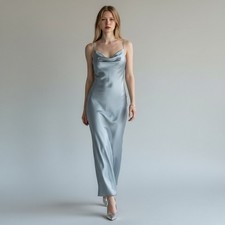 Victorias Secret 100 Silk Maxi Slip Dress Y2K Cowl Neck Silver Gray Large L