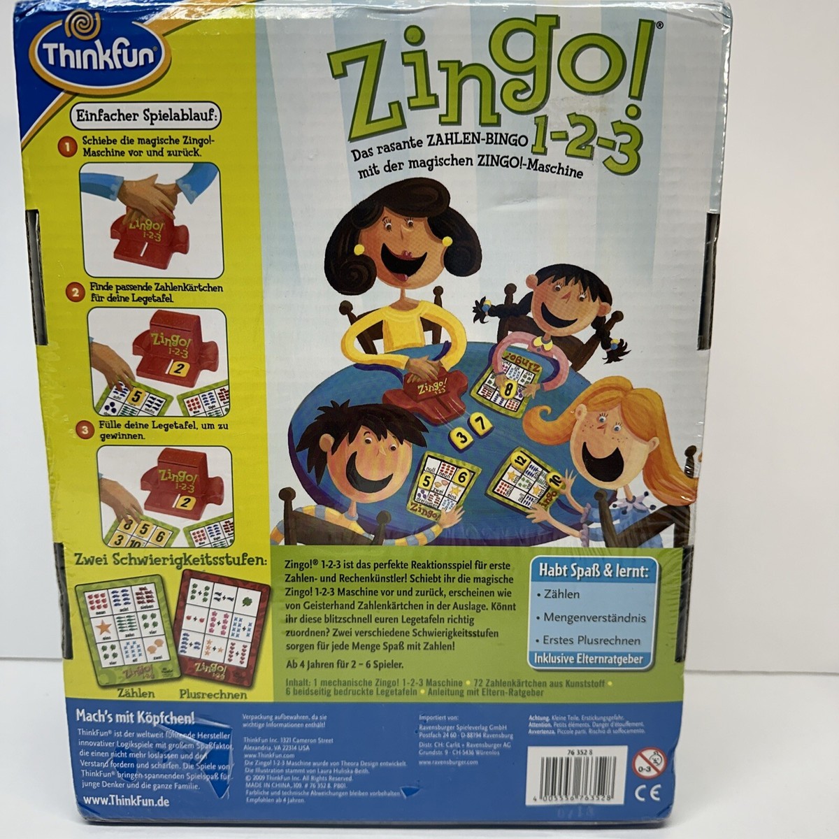 ThinkFun Zingo 1-2-3 – Rasantes Zahlen-Bingo Für Kinder Ab 4 Jahren | Mit Zingo-Maschine & 6 Legetafeln | Spielerisch Rechnen Lernen