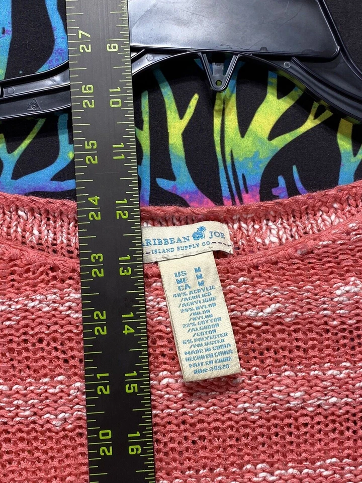 Suéter Caribbean Joe Mujer Mediano Coral Rosa Blanco Rayas Mármol Tejido Boho Foto 3 de 4