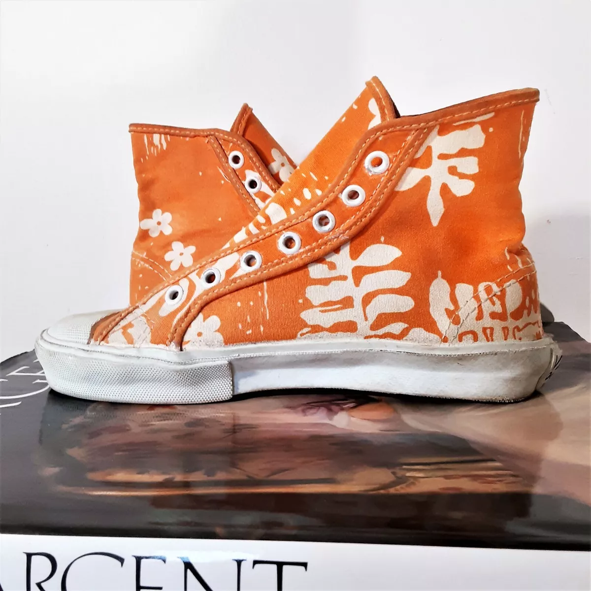 Vintage Vans MADE IN USA Van Doren Skate Shoes Orange Floral Canvas 70s 4.5 W 6