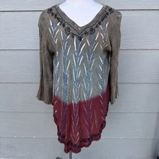 Greater Good Womens Tunic Shirt Sz L XL Brown Gray Red Sequin Boho Hippie Top