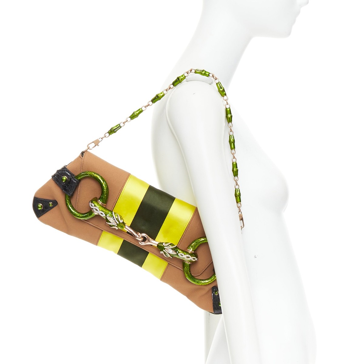 rare GUCCI Tom Ford 2004 green Dragon Horsebit crystal tan