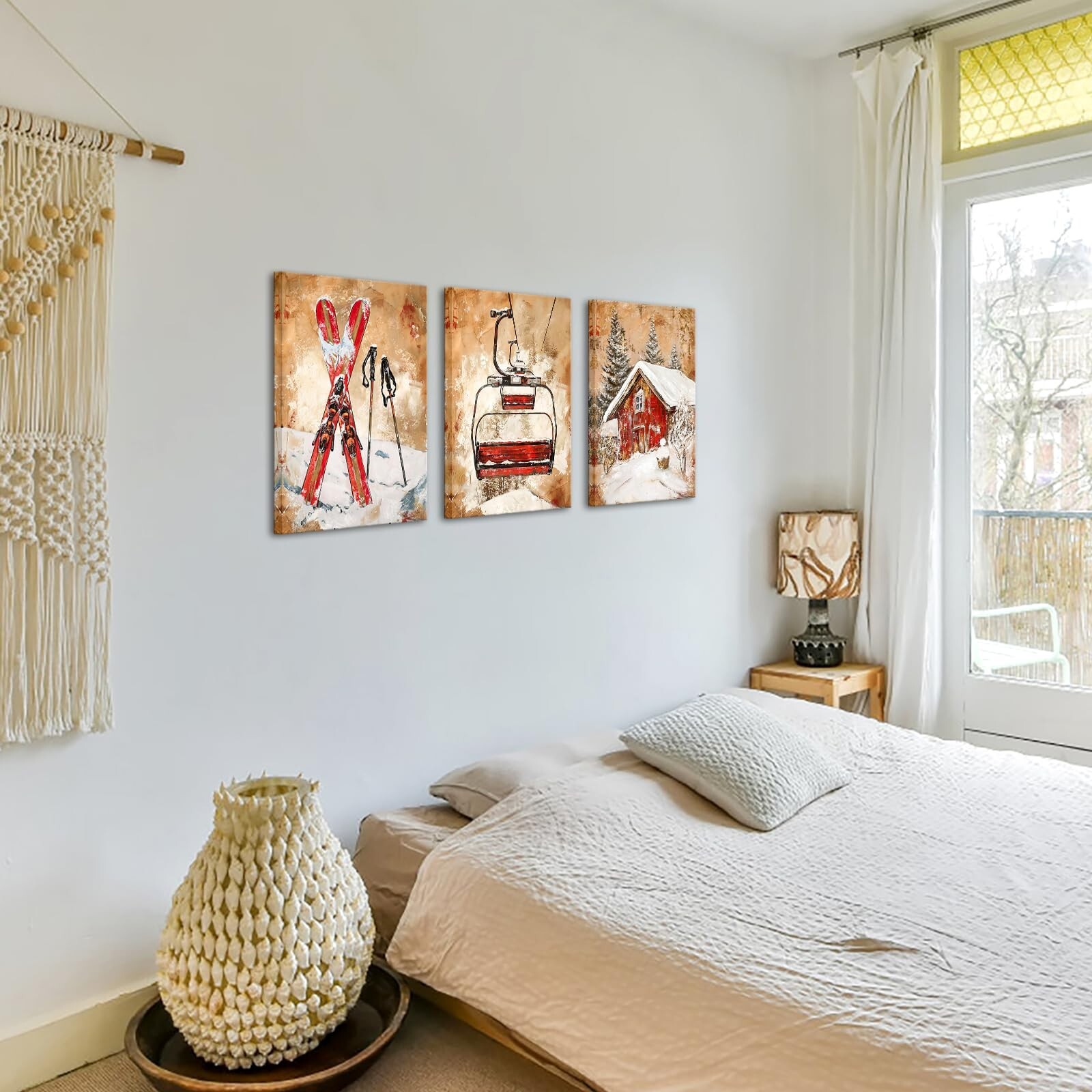 KREATIVE ARTS 3 Piece Vintage Ski Lift Canvas Wall Art, Red Mountain Winter S...