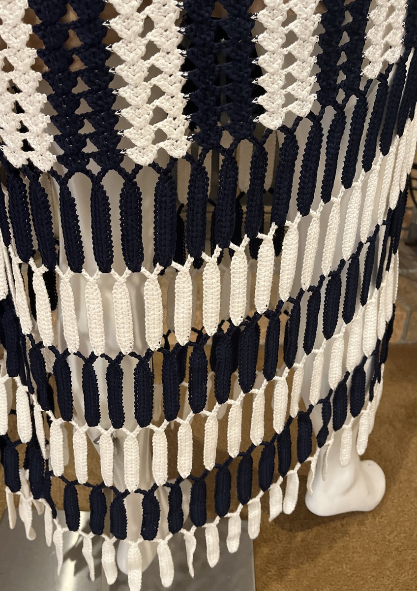 Self Portrait Navy & White Crochet Knit MIDI Dress NWT Size