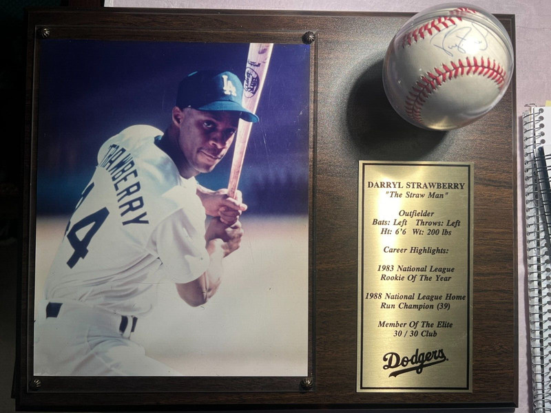 DARRYL STRAWBERRY FRAMED PICTURE WITH DODGERS AND SIGNED BALL