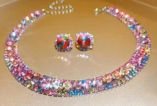 Colorful Pink RHINESTONE Choker Betsey Johnson Statement Necklace Earrings SET