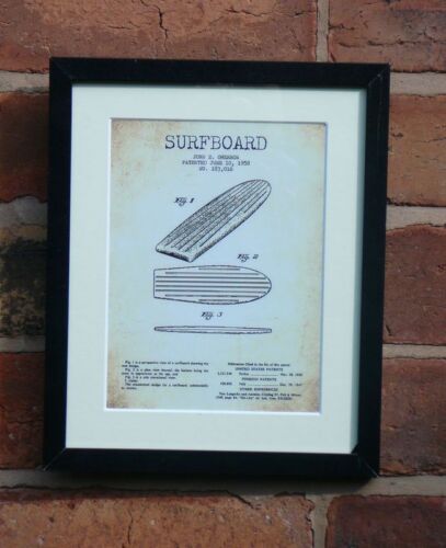 USA Patent Vintage SURF BOARD SURFING Mounted PRINT 10" x 8" 1956 Gift Xmas - Picture 1 of 1