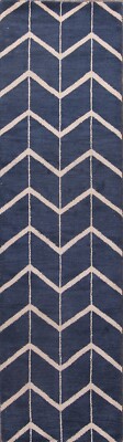 Zig/Zag BLUE & IVORY Moroccan Oriental Hand-Knotted 10 ft Runner Rug 9' 9 x 2' 8