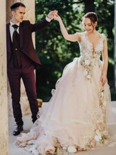 Casual Dresses Garden 3D Flower Leaf Lace Wedding Dresses Gowns Modest Backless