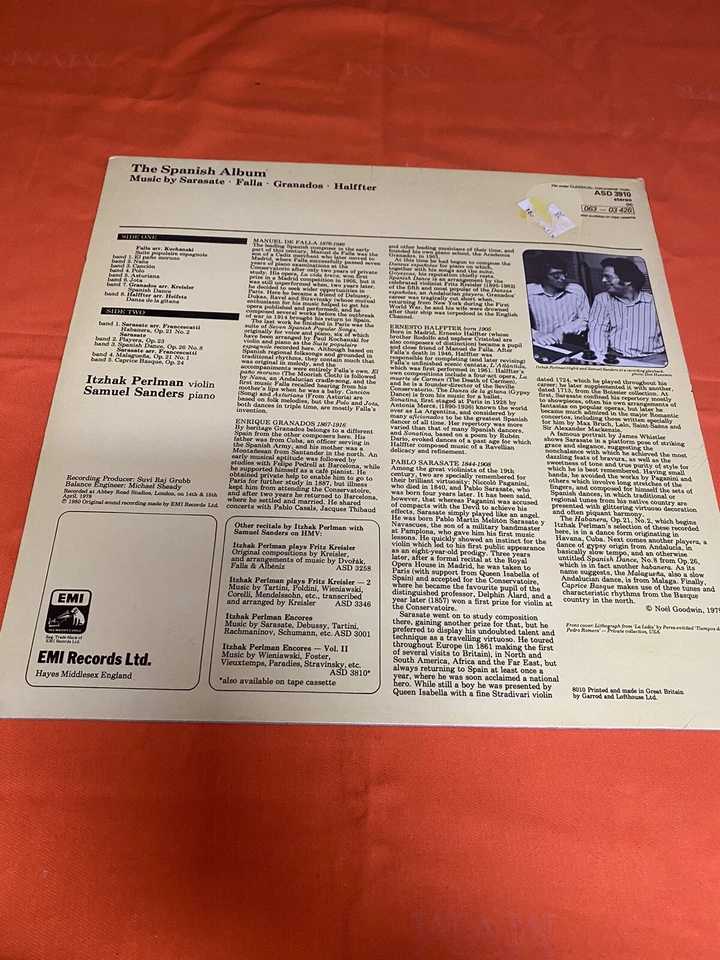 ITZHAK PERLMAN - FALLA GRANADOS SARASATE violin works EMI LP EX++/NM - Image 2 of 2