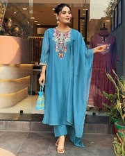 Blue Embroidered Salwar Kameez Readymade Bollywood Pakistani Kurta Pant Dupatta