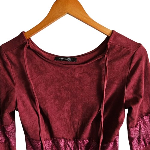 Romeo Juliet Couture Bell Sleeve Dress Lace Trim Boho Mini Maroon M - Picture 5 of 9