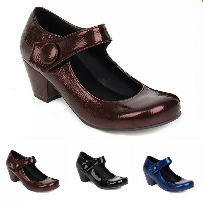 Women's Mary Janes Block Heel Round Toe Patent Leather Casual Hook&amp;Loop Shoes D