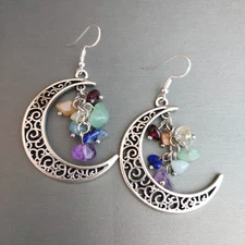 Silver Tone Filigree Crescent MOON Earrings Cascade of  Gemstone Chip Bead 2.25"
