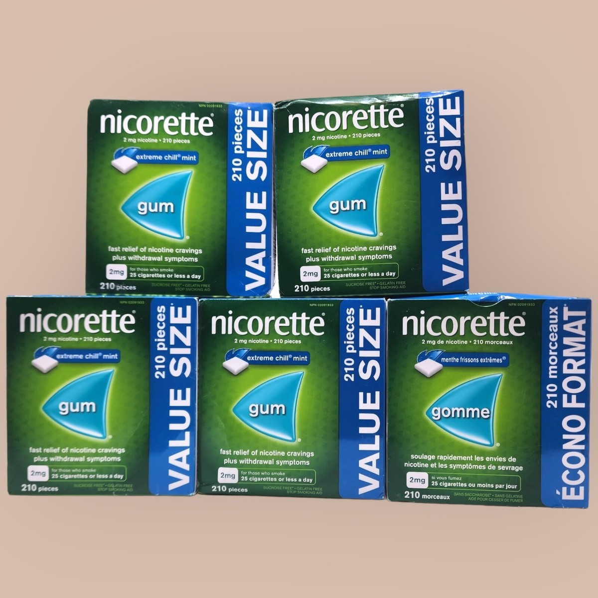 1050 Pieces Nicorette Gum 2mg - 5 Boxes Extreme Chill Mint or - 10 Small  Boxes