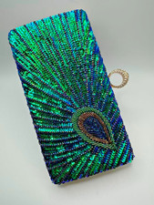 Peacock Designed Blue-Green Sequins-Beaded Clutch Hand Shoulder Bag Purse
