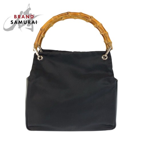 GUCCI Bamboo Black Nylon Leather Tote Handbag Women 000 2014 0580 Authentic