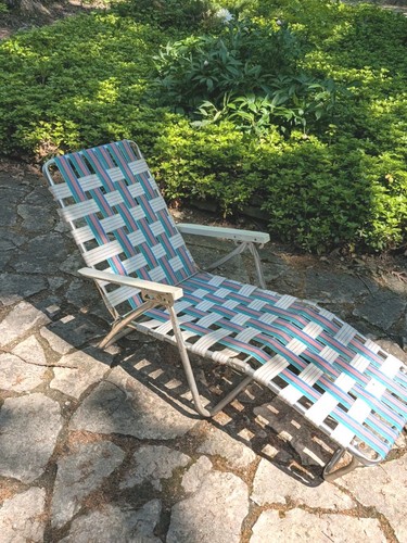 Vtg Sun Terrace Webbed Aluminum Folding Chaise Lounge Lawn Chair Blue Pink White