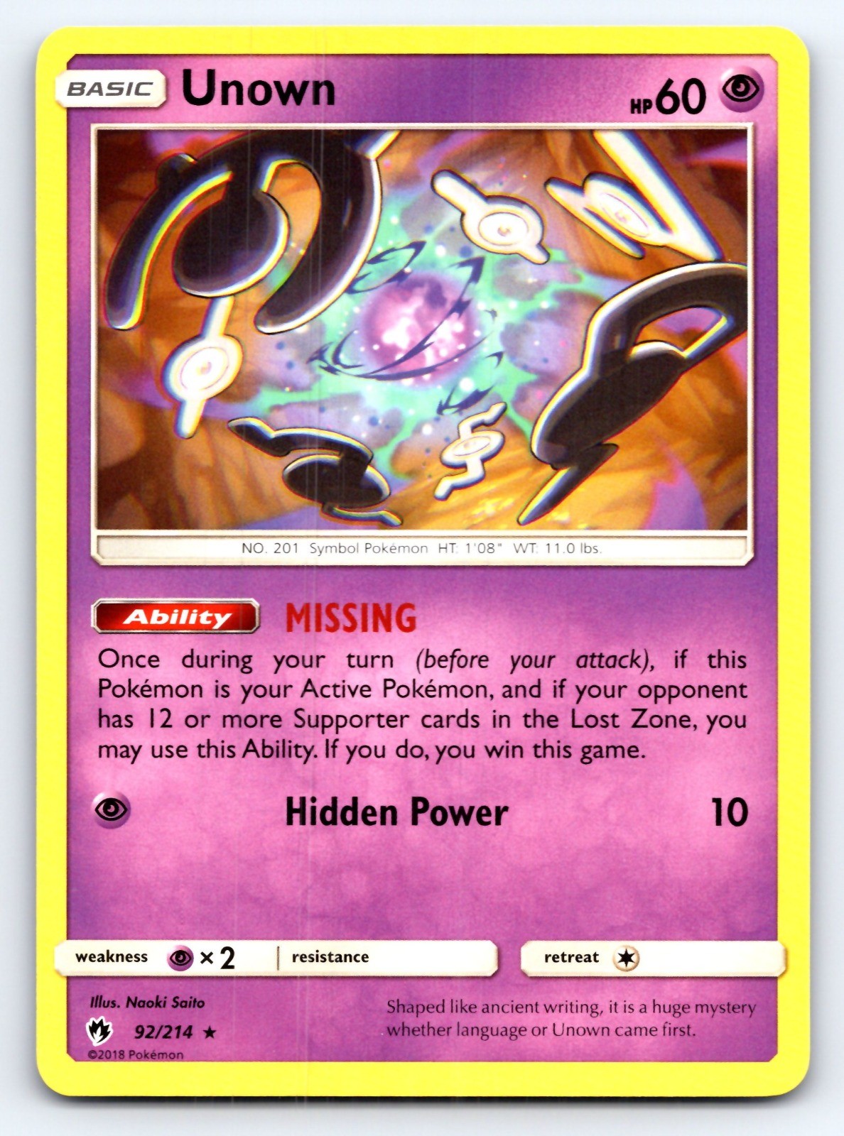 Unown (92) Rare SM - Lost Thunder 92/214 NM