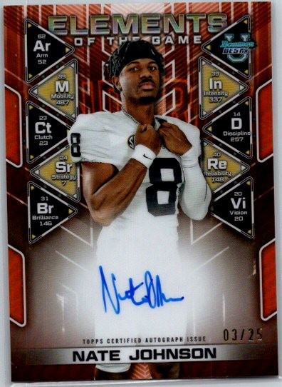 Nate Johnson 2024 Bowman Best U #ETG-NJ Elements of the Game Auto Orange #/25