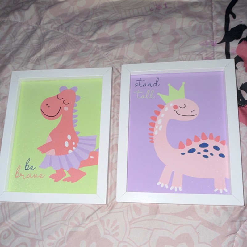 Set of 2 Framed Nursery Art Prints Cartoon Dinosaurs Be Brave Stand Tall Pink