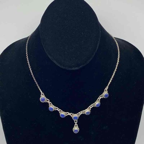 925 Sterling Silver Lapis Lazuli Cabochon Drop Necklace 16" 15g