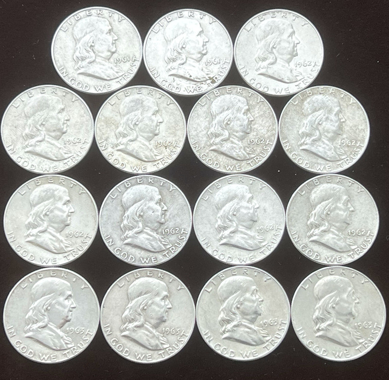BEN FRANKLIN HALF DOLLARS~90% SILVER~1961-62-63-D~LOT of 15~ABOUT-CIRCULATED! 👀