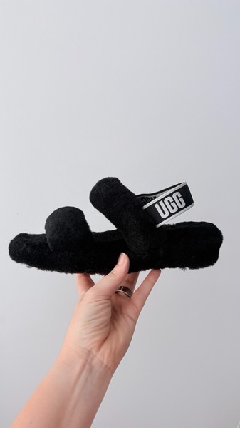 UGG Fluff Yeah Black Sheepskin Slingback Sandals – Size US 8 / EU 39