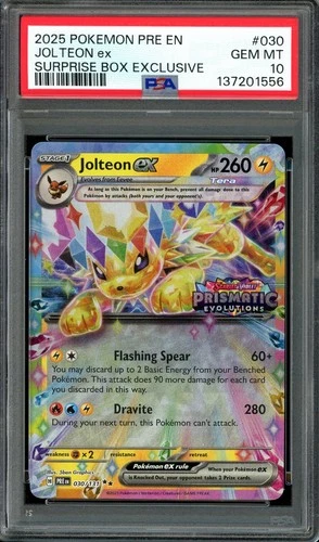 Pokemon TCG Prismatic Evolutions Surprise Box #030 Jolteon ex PSA 10 Stamped