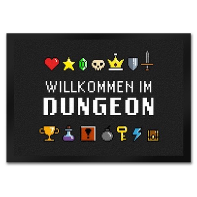 Willkommen im Dungeon Fußmatte in 35x50 cm für Gamer mit bunten Pixel-Items