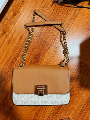 Michael Kors Small Brown/Beige Monogram Push Lock Shoulder Bag Gold Chain