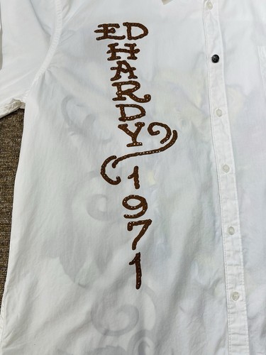 Ed Hardy by Christian Audigier Mens Long Sleeve Button Up Shirt XLL Skulls White - Picture 7 of 12