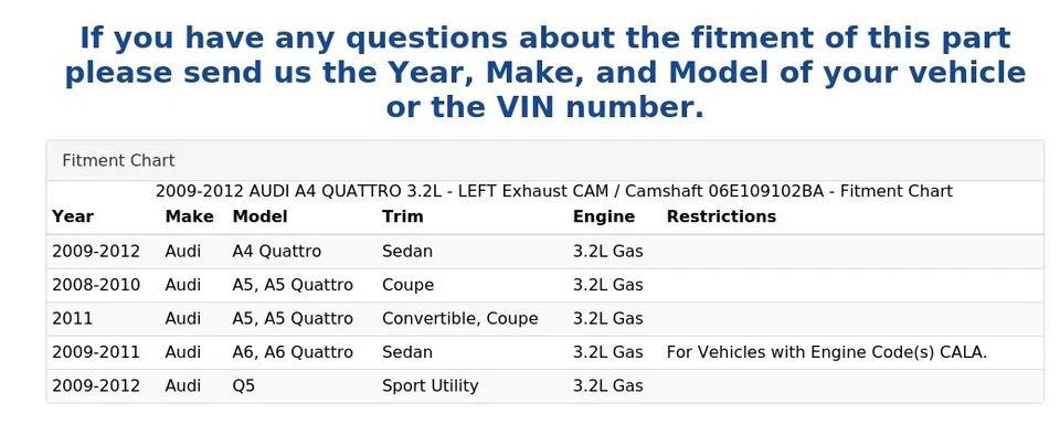 AUDI A4 QUATTRO 2009-2012 3,2 L - cámara de escape izquierda / árbol de levas 06E109102BA Foto 4 de 4