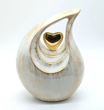 Large White/Gold Teardrop-Shaped Cremation/Funeral Urn with Golden Heart Design