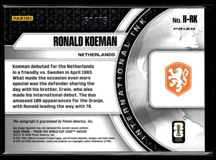 RONALD KOEMAN 2026 PRIZM FIFA WORLD CUP INTERNATIONAL INK SILVER AUTO 50/75 view 2