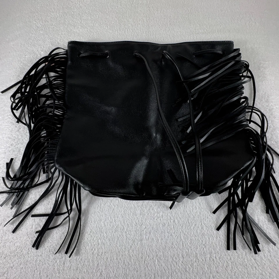Victoria Secret Backpack Black Drawstring Bucket Bag Fringe Purse $85 MSRP - Image 2 of 4