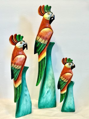 Vintage Hand Carved And Hand Painted Balsa Wood Set Of 3 Perched Parrots