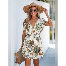 NEW Cupshe Tropical Leaf Print V Neck Mini Dress Resort Vacation Boho Large