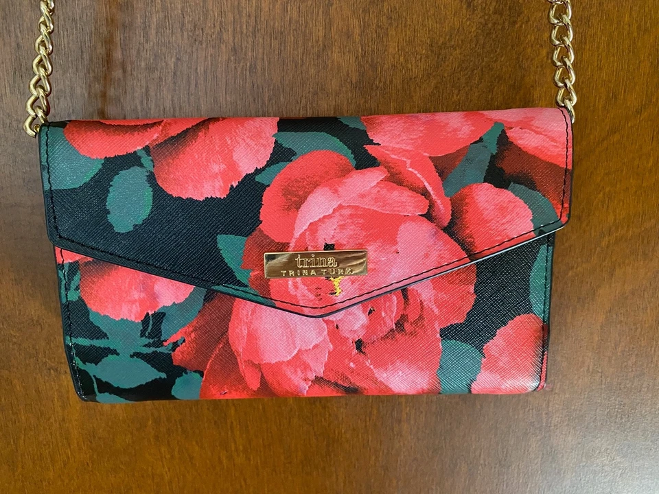 Trina Turk Mango de Cadena Rojo Peonía Floral Bolso de Mano Cartera de Cuero Herrajes de Latón Foto 4 de 4