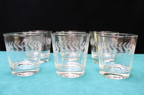 Vintage Anchor Hocking Grey Cut Laurel 6 Clear Flat Old Fashioned Glass Tumblers
