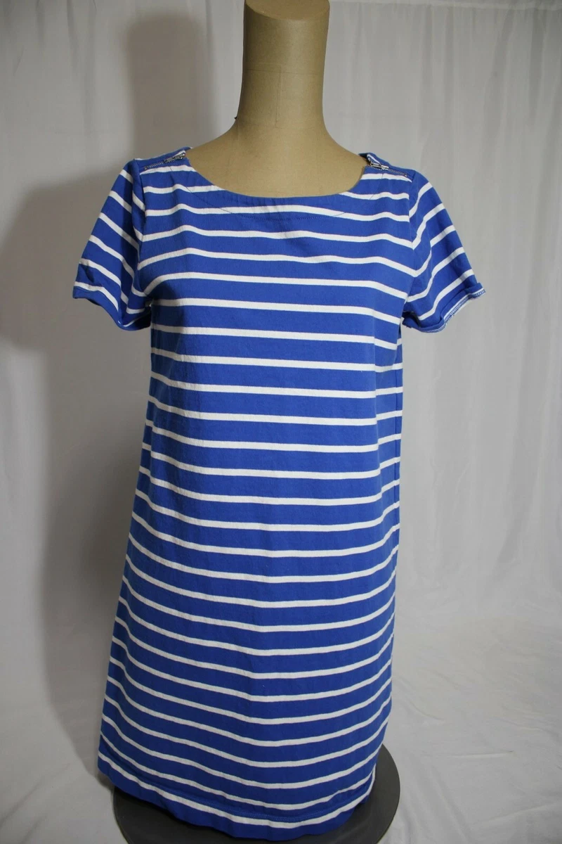J Crew blue white striped dress 100 corton w shoulder zipper