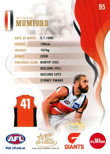 Signed 2021 GWS Giants AFL Select Optimum Card - Shane Mumford - Picture 2 of 3