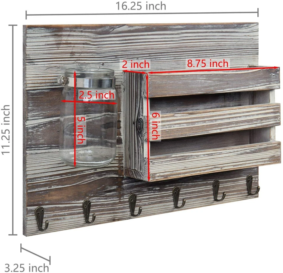 MyGift Wall Mounted Torched Wood Mail Sorter with 6 Key Hooks and Mason Jar Vase - Image 4 of 4