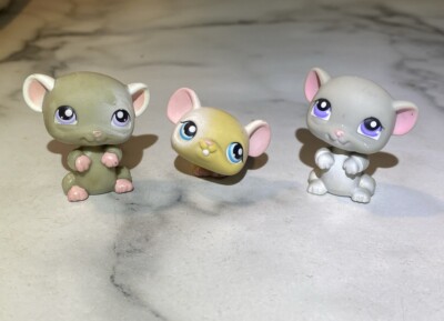 Hasbro Littlest Pet Shop LPS #192 & #191 & #105 Tan and Gray Mice Mouse Pets