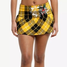 Y2K Skull Ed Hardy Mini Skirt Large Tattoo Logo On Back Rose Eagle Plaid Yellow