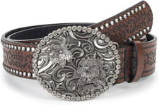 Womens-Rhinestone-Studded Western-Cowboy-Cowgirl-Belt Flower-Buckle Waist-Belt f