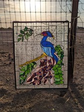 Vtg LARGE Mosaic Style Stained Glass Peacock Bird Panel W Chain 28 In X 22 In