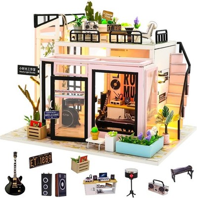 Miniatur Haus, Zeit-Studio DIY Miniature House mit LED-Licht, 3D Holz Puppenh...