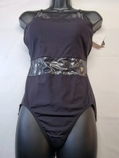 Capezio High Neck Leotard Black Mesh Inserts Midsection Criss-coss Back SZ XL-A