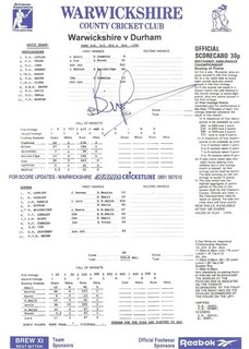 1994 Warwickshire v Durham Brian Lara 501 Signed Scorecard